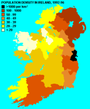Population density map of Ireland showing the heavily weighted eastern sea-board and the northern province of Ulster. Prior to the famine, the provinces of Connacht, Munster and Leinster were more or less evenly populated. Ulster was far less densely populated than the other three.
