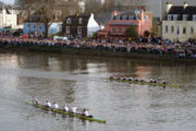 Cambridge cross the finish line ahead of Oxford in the 2007 Boat Race, viewed from Chiswick Bridge