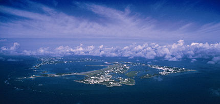 Aerial view of Bermuda looking west: St. David's and St. George's in the foreground.