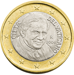 The reverse of the Vatican €1 coin produced in 2006 depicting the current pope, Benedict XVI