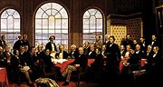 Fathers of Confederation by Robert Harris, an amalgamation of Charlottetown and Quebec conference scenes.