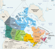 A geopolitical map of Canada, exhibiting its ten provinces and three territories.