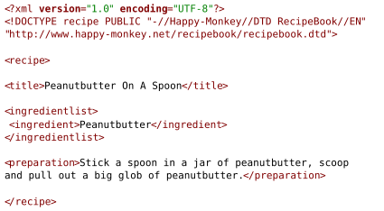 Example of RecipeBook, a simple markup language based on XML for creating recipes. The markup can be converted to HTML, PDF and Rich Text Format using a programming language or XSL.