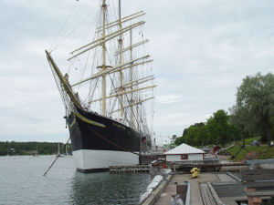 The museum ship Pommern is anchored in the more western of Mariehamn's two harbours, Västerhamn