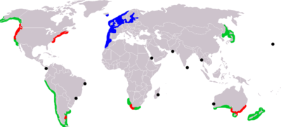 Rough map of the distribution of Carcinus maenas. Blue areas are the native range; red areas are the introduced or invasive range. Black dots represent single sightings that did not lead to invasion, and green areas are the potential range of the species.