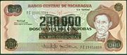 A 1000 Córdoba banknote, which was re-printed with a value of 200,000 Córdobas during the inflationary period of the late 1980s.