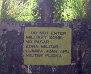 A sign in Bluefields in English (top), Spanish (middle) and Miskito (bottom).