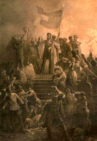 Artist Mihály Zichy's rendition of Sándor Petőfi reciting the Nemzeti dal to a crowd on March 15, 1848