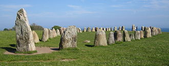 Panoramic view of Ale's Stones in Scania, southern Sweden. This ship setting is a Vendel Period burial monument, most likely dating from the 7th century AD.
