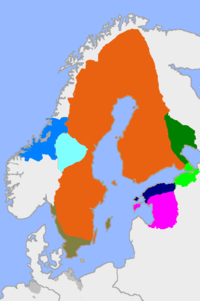 The Swedish Empire following the Treaty of Roskilde of 1658. Dominions in Prussia, held from 1629 to 1635, do not appear on this map.       Sweden proper       Kexholm County       Swedish Ingria       Swedish Estonia       Livonia       Swedish Pomerania, Abp Bremen and Bp Verden       Scania, Blekinge, Halland, Gotland and Bohuslän       Trøndelag and Møre og Romsdal       Jämtland, Härjedalen, Idre & Särna 