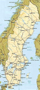 A map of Sweden with largest cities and lakes and most important roads and railroads, from a printed CIA World Factbook. (See also: Atlas of Sweden)