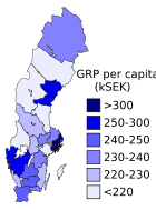 Gross Regional Product (GRP) per capita in thousands of kronor (2004).