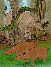 Arsinoitherium (top) and Bothriogenys fraasi (bottom). Anthracotheres like Bothriogenys resembled pygmy hippos and are among their likely ancestors.