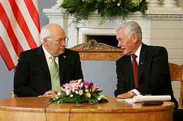 Current President of Lithuania Valdas Adamkus (right) meeting with Vice President of the United States Dick Cheney in Vilnius in May 2006.