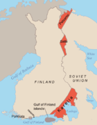 Areas ceded by Finland to the Soviet Union after the Winter War in 1940 and the Continuation War in 1944. The Porkkala land lease was returned to Finland in 1956.