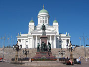 The Helsinki Cathedral with the statue of Emperor Alexander II of Russia.