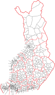 Municipalities and regions map of Finland (2007).Black borders refer to municipalities, red to regions.