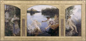 A triptych by Akseli Gallen-Kallela, depicting the Aino Story of Kalevala on three panes.