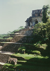 Temple of the Cross at Palenque.  Note the intricate roof comb and corbeled arch.