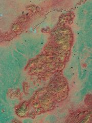 False-color IKONOS image of a bajo (lowland area) in Guatemala. The forest covering sites of Maya ruins appears yellowish, as opposed to the red color of surrounding forest. The more sparsely vegetated bajos appear blue-green.