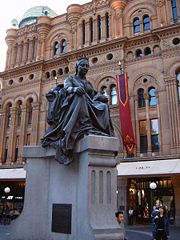 Queen Victoria statue and Neo-Romanesque 1890s Queen Victoria Building (QVB), Sydney.The statue stood outside the Irish parliament building, Leinster House until 1947.