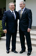 Kazakhstani President Nursultan Nazarbayev with U.S. President George W. Bush