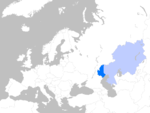 Kazakhstan within Europe (light blue represents territory considered to be located in Asia)