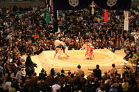 Sumo wrestlers, at the Grand Tournament in Osaka, July 2006.