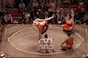 Yokozuna Asashoryu performing the distinctive dohyō-iri of his rank