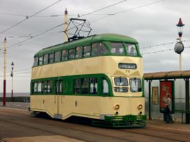 A double-decker balloon tram on the promenade at Bispham