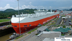 A Panamax ship in transit through the  Miraflores locks, Panama Canal