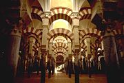 Interior of the Mezquita, a hypostyle former mosque with columns arranged in grid pattern, in Córdoba, Spain.