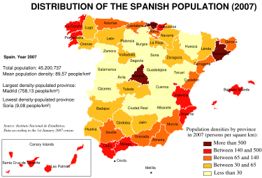 Geographical distribution of the Spanish population in 2007.