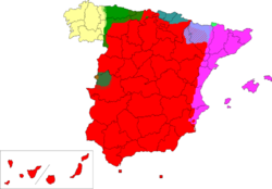 The languages of Spain (simplified)        Spanish (74%), official, spoken in all the territory      Catalan (17%), co-official, except in La Franja and Carxe      Basque (2%), co-official, in Basque Country and Navarre      Galician (7%), co-official, except in Asturias and Castile and Leon      Asturian, unofficial, but adopted as co-official in some municipalities of Asturias      Extremaduran, unofficial      Aragonese, unofficial      Aranese, co-official (dialect of Occitan) .