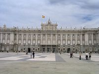 A view of the Baroque architecture of the Royal Palace of Madrid.