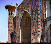 The Ulugh Beg Madrassa, which includes a mosque, in Samarkand, Uzbekistan
