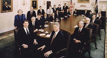 President Clinton's Cabinet 1993. The President is seated front right, with Vice President Al Gore seated front left. Madeleine Albright, the UN Ambassador who would become the first female United States Secretary of State, is standing behind.