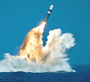 A Trident II SLBM being launched from one of the Royal Navy's 4 Vanguard class submarines as a test launch.