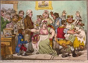 1802 caricature of Jenner vaccinating patients who feared it would make them sprout cowlike appendages.