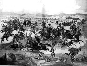 Lieutenant Colonel Custer on horseback and his U. S. Army troops make their last charge at the Battle of the Little Bighorn. It inaccurately shows Custer with a cavalry saber and wearing a blue uniform (bottom center).