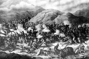 Lieutenant Colonel Custer and his U. S. Army troops are defeated in battle with Native American Lakota Sioux and Northern Cheyenne, on the Little Bighorn Battlefield, June 25, 1876 at Little Bighorn River, Montana.