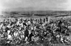 "Custer's Last Stand." Lieutenant Colonel Custer standing center, wearing buckskin, with few of his soldiers of the Seventh Cavalry still standing. Inaccurately shows Custer with a Cavalry saber and long hair.