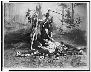 Death of Custer - A dramatic portrayal of Sitting Bull stabbing Custer, with dead Native Americans lying on ground, in scene by Pawnee Bill's Wild West Show performers. c.1905
