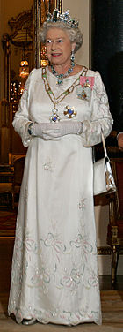 Elizabeth II during a state banquet at Buckingham palace wearing the Grand Collar of the Order of the Southern Cross