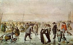Dutch burghers playing a game that looks much like ice hockey.