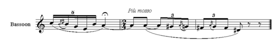 Example: The last few bassoon solo measures from the main theme from the Introduction, preceded by the head motif, transcribed to treble clef.