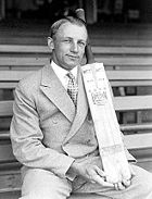 Bradman with his Wm. Sykes bat, in the early 1930s. The "Don Bradman Autograph" bat is still manufactured today by Sykes' successor company, Slazenger.
