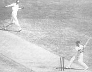 The famous duck: Bradman bowled by Bowes at the MCG, in front of a world record crowd assembled to see Bradman defeat Bodyline