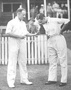 Bradman and England captain Gubby Allen toss at the start of the 1936–37 Ashes series. The five Tests drew more than 950,000 spectators including a world record 350,534 to the third Test at Melbourne.