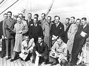 The 1948 "Invincibles" en route to England. Bradman is standing with hat in hand, third from the left.